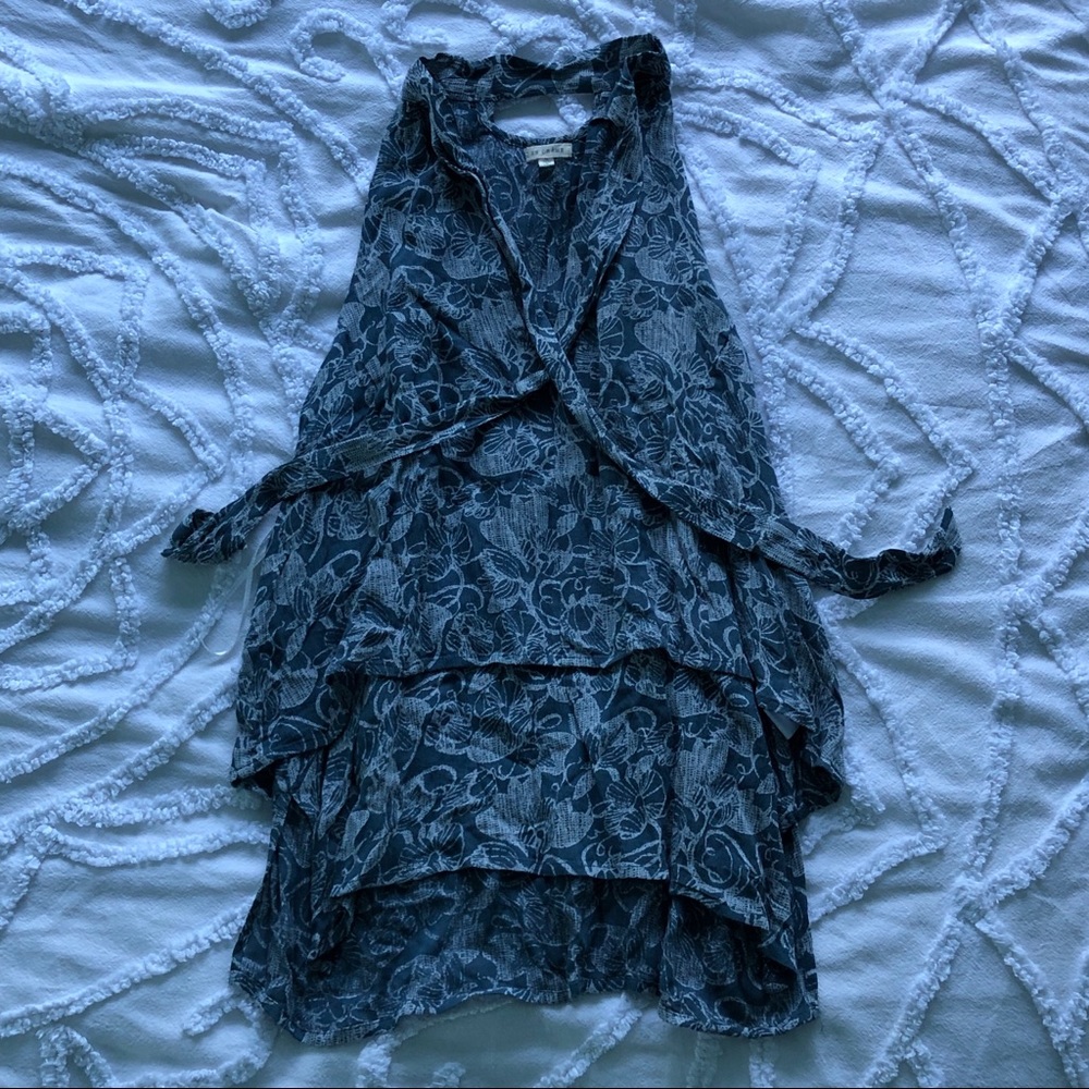 Blue with white floral pattern & tie neck blouse